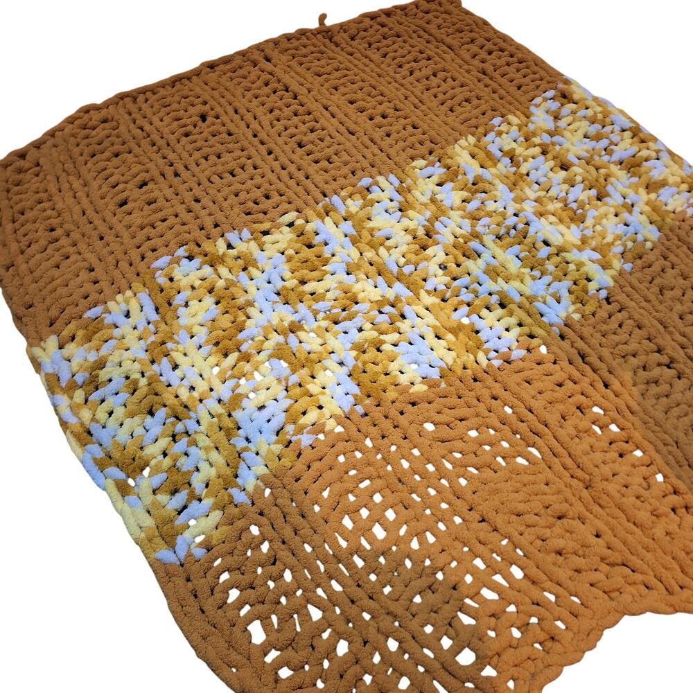 Handmade Chunky open knit handwoven chenille throw blanket mustard yellow 72x72